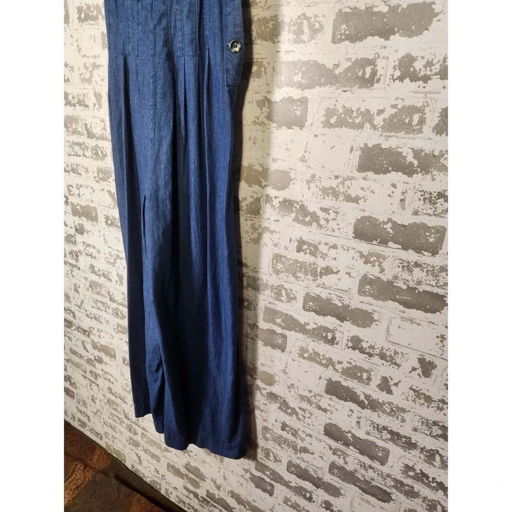 Free People Denim Jumpsuit Size 10 Blue Wide Leg Tie Strap Smocked Boho Festival - Picture 7 of 15